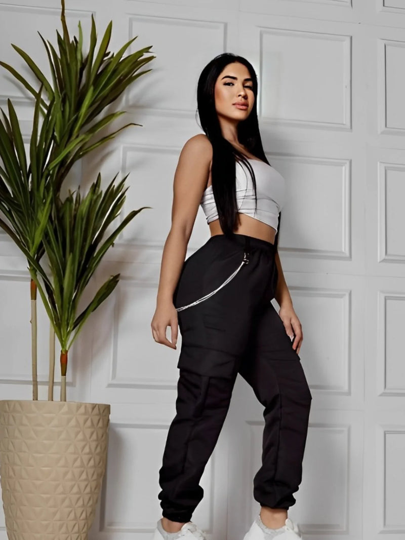 Calça Feminina Cargo Jogger Cinto Corrente Salopete Com Corrente