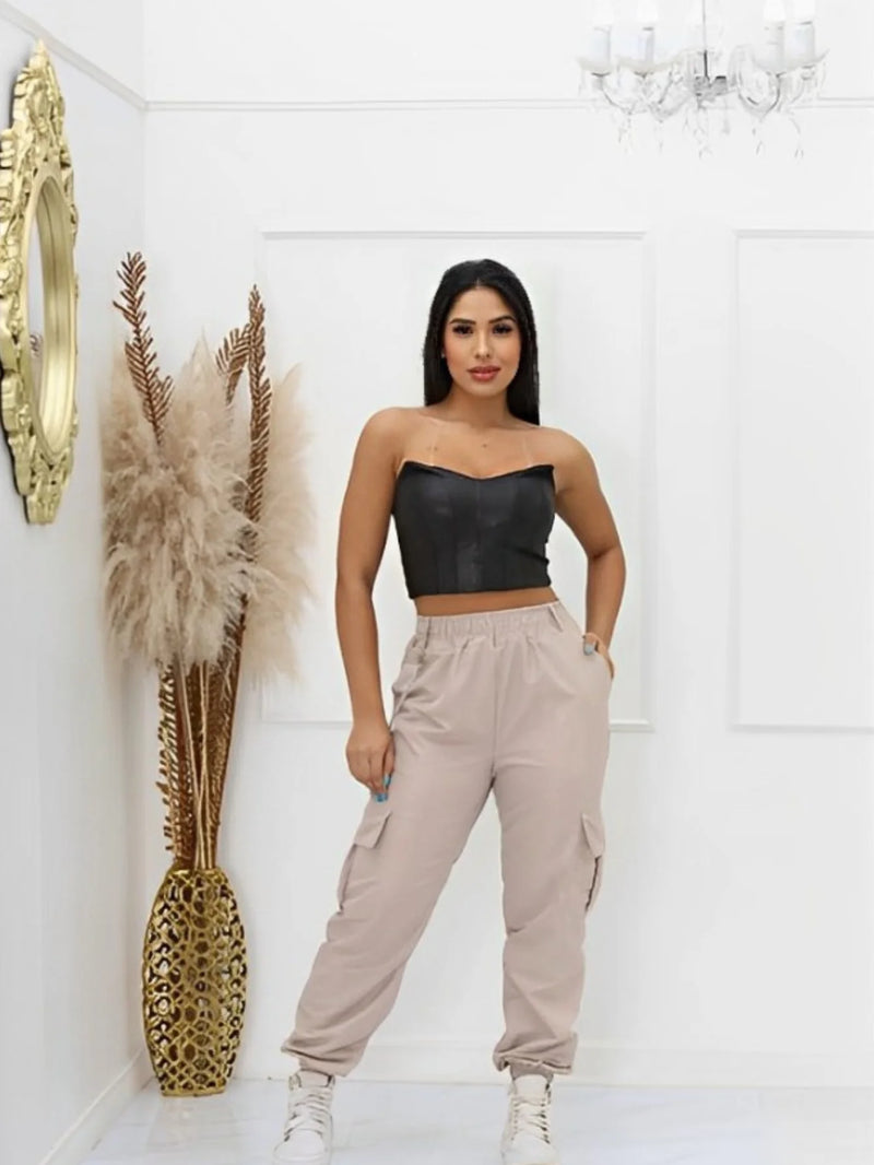 Calça Feminina Cargo Jogger Cinto Corrente Salopete Com Corrente