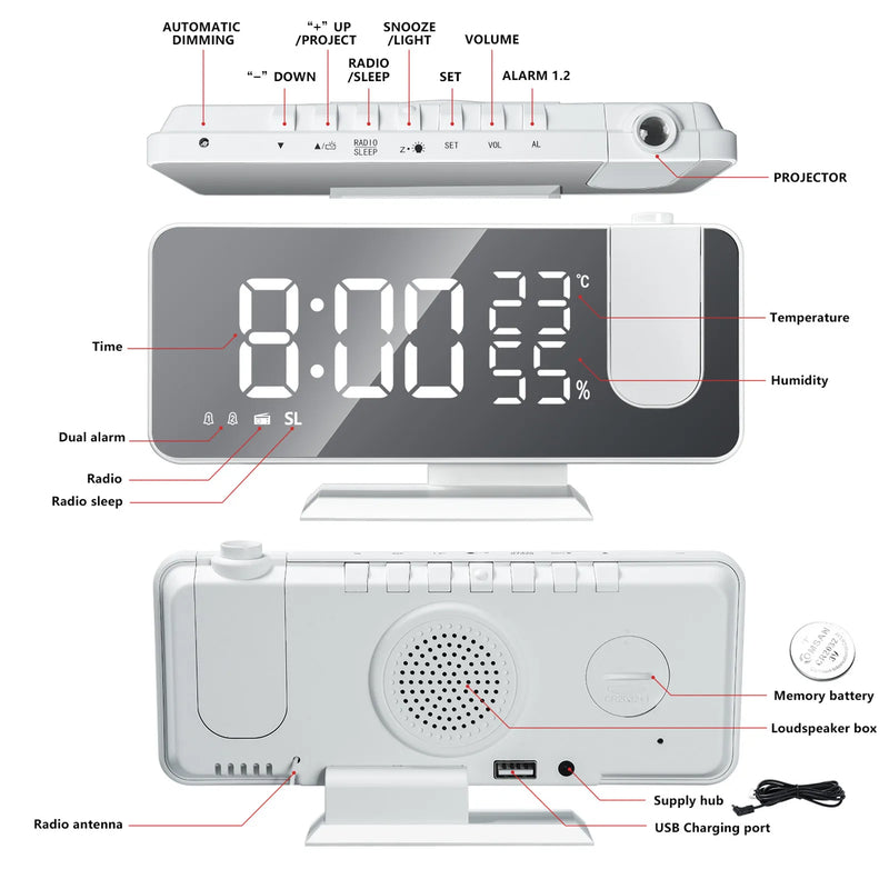 Despertador de Projeção Digital LED, Relógio de mesa, Relógios Eletrônicos Desktop, USB, Despertar, Rádio FM, Tempo, Função Projetor de teto