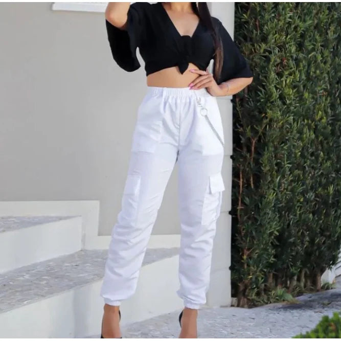 Calça Feminina Cargo Jogger Cinto Corrente Salopete Com Corrente