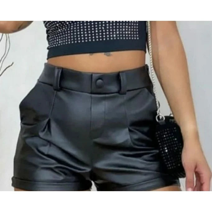 Short Feminino de Botão Courino Cirrê Imita Couro Fake